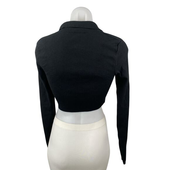 The Frankie Shop Women's Black Collared Long Sleeve Knit Crop Polo Shirt Top S - Picture 2 of 4